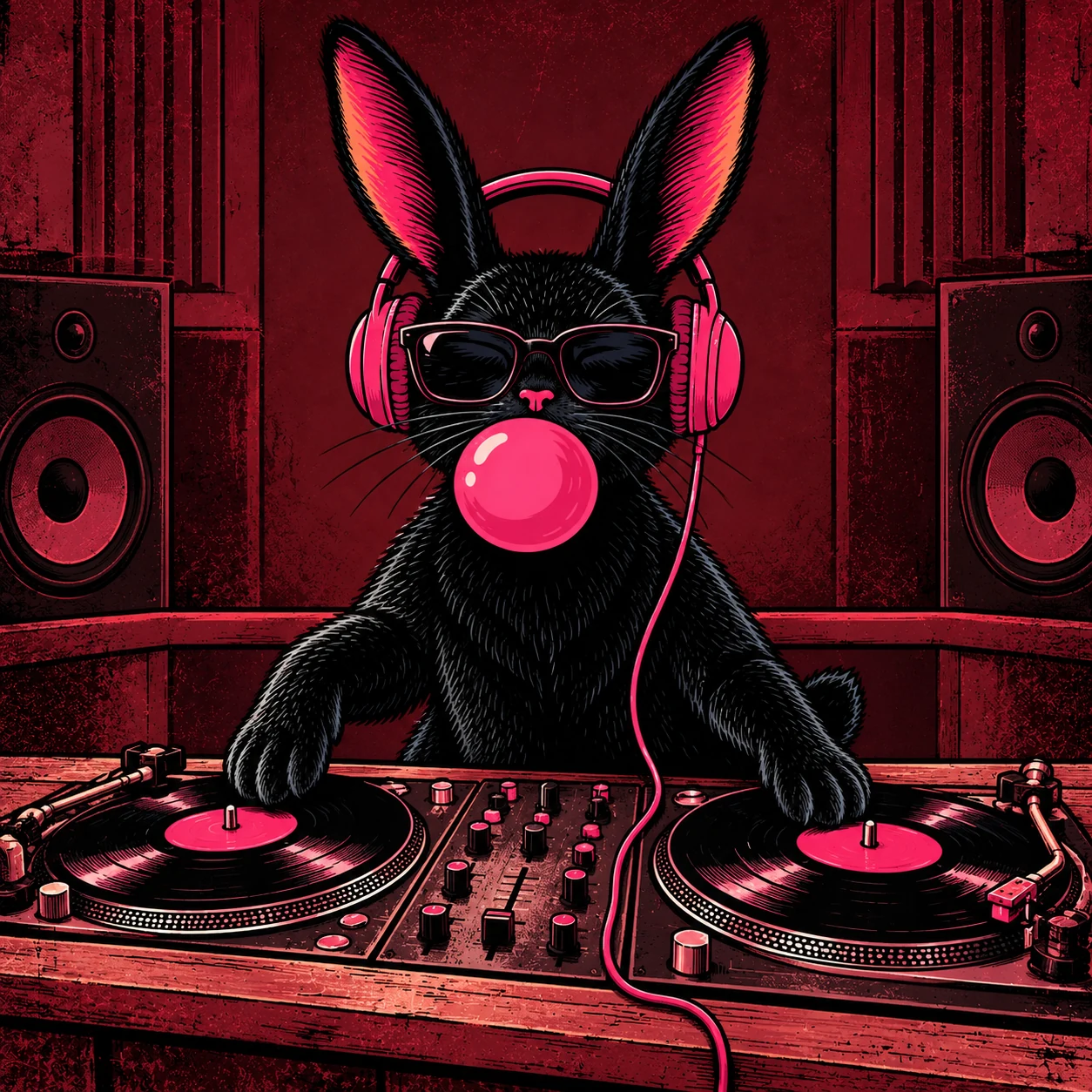Bubblegum Bunny in pink headphones and dark shades, mixing vinyl while blowing pink bubblegum