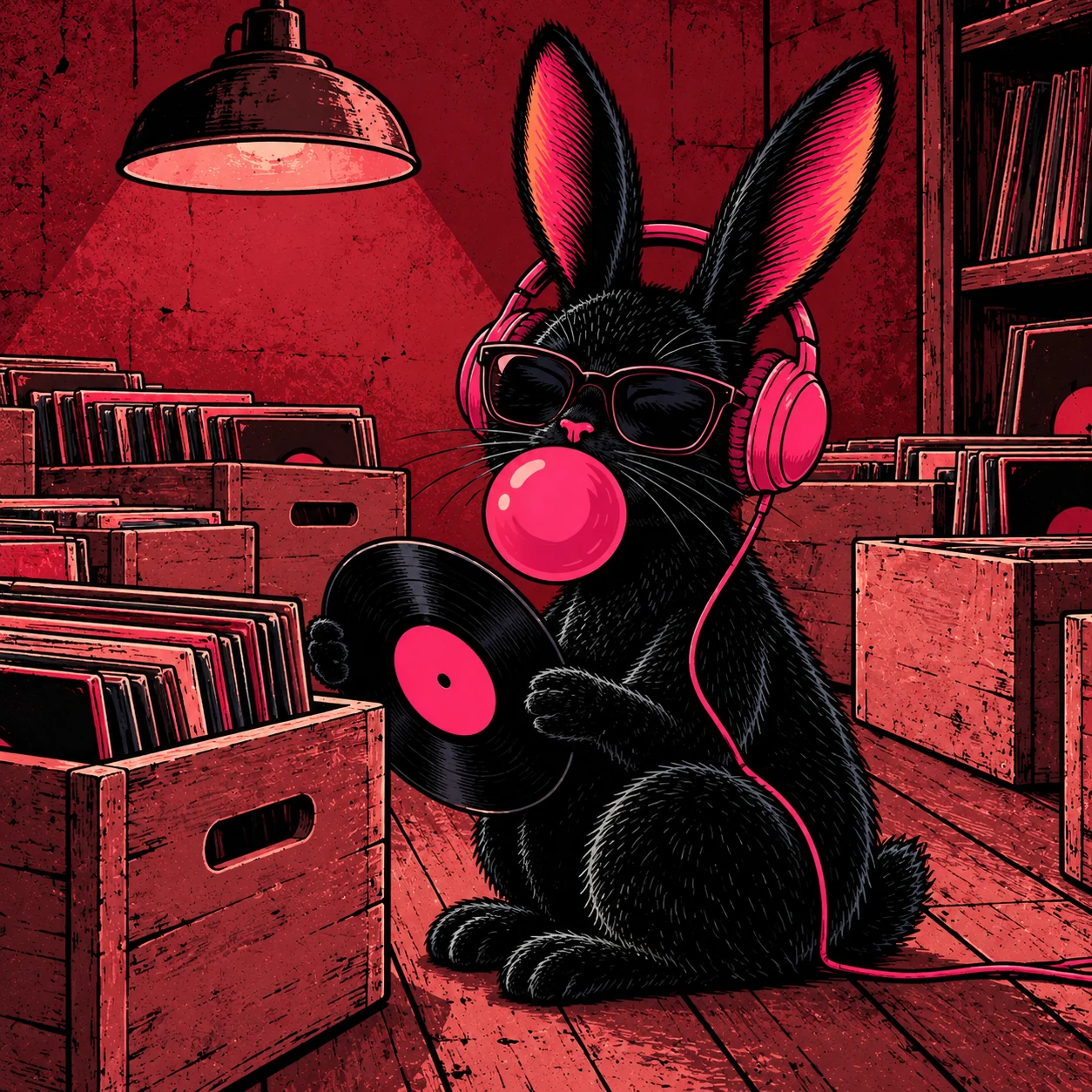 Bunny digging through wooden crates of vinyl records