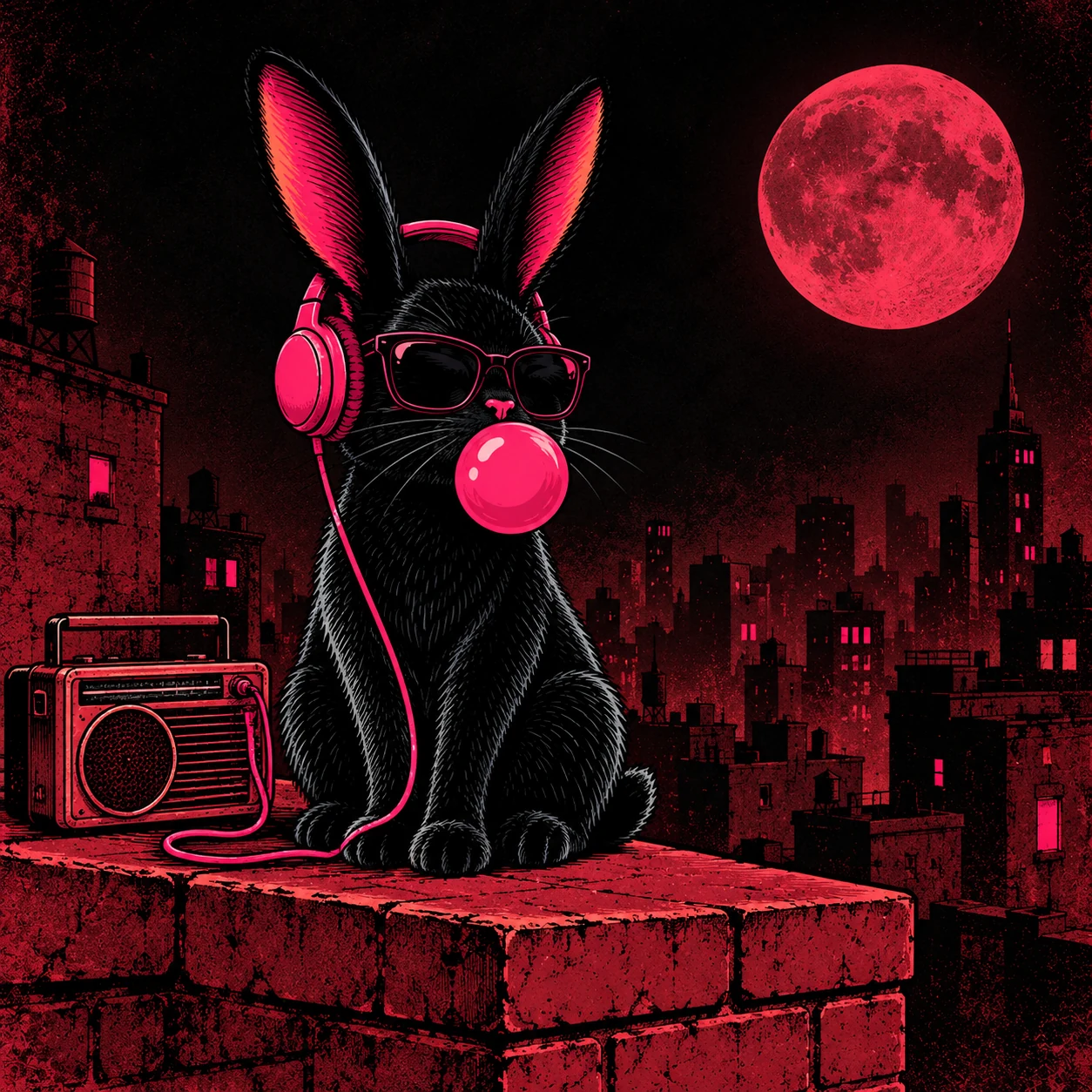 Bunny and a portable radio on a rooftop beneath a pink moon