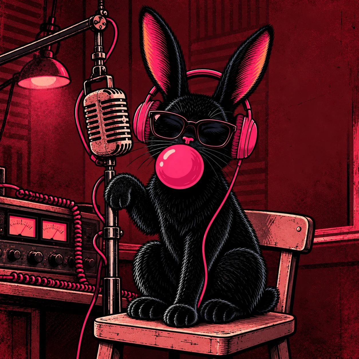 Bunny holding a microphone stand inside a crimson radio booth