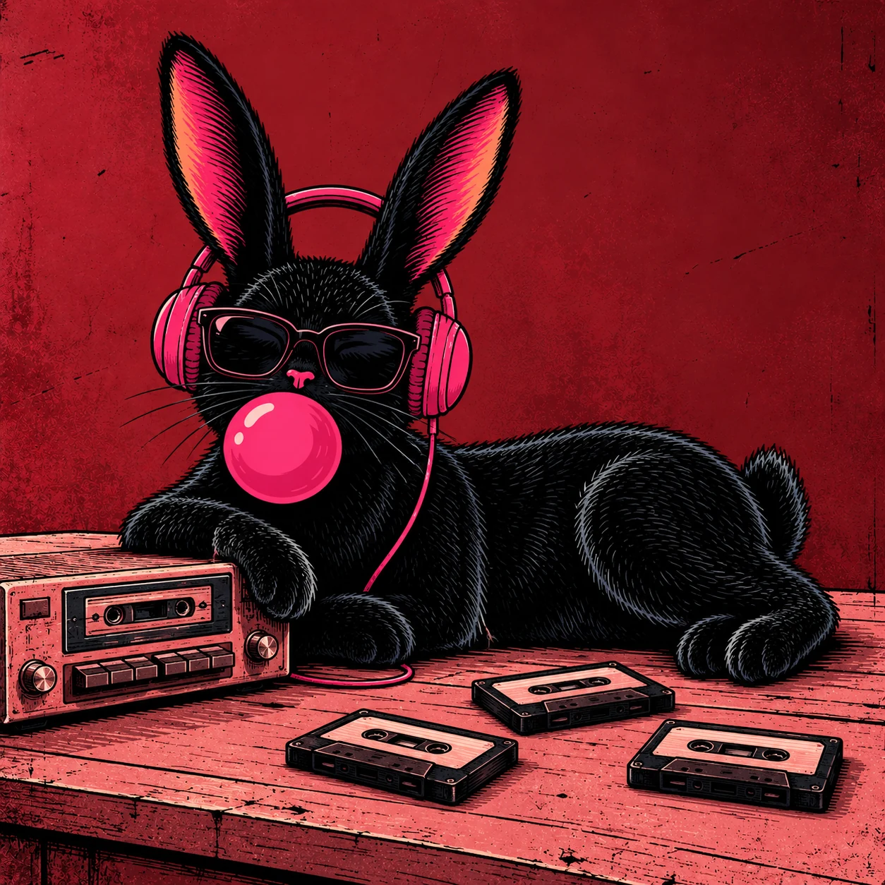 Bunny relaxing beside a cassette deck and tapes
